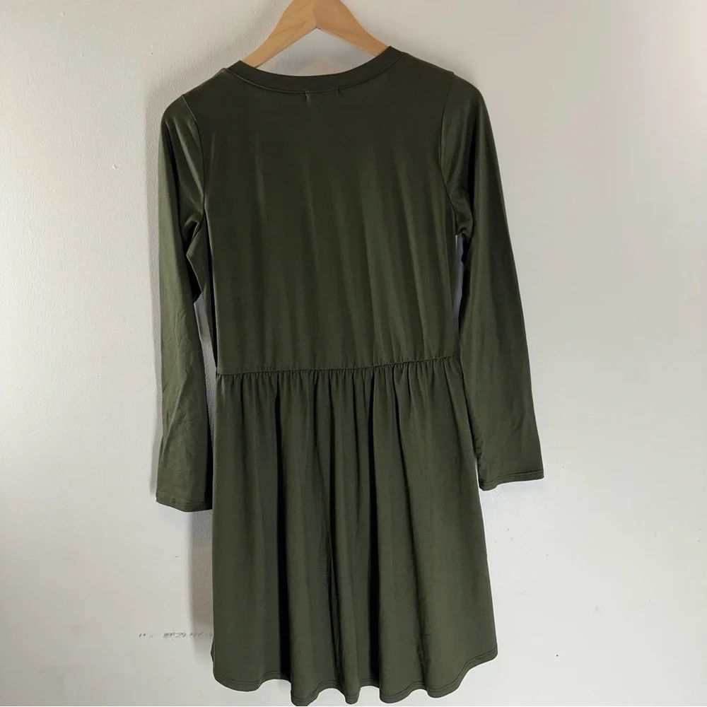 Betsey’s Boutique Shop Olive Green Long Sleeve Dress Gathered Babydoll Mini M